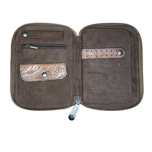 Justin Leather Jewelry Organizer Case Tooled Western Brown Travel Zip Pouch - Picture 3 of 6